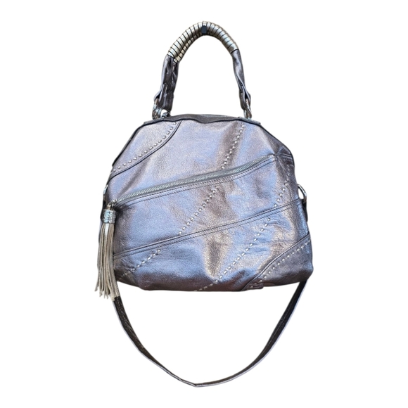 B. Makowsky Metallic Silver Leather Top Handle Shoulder Bag - Picture 1 of 15